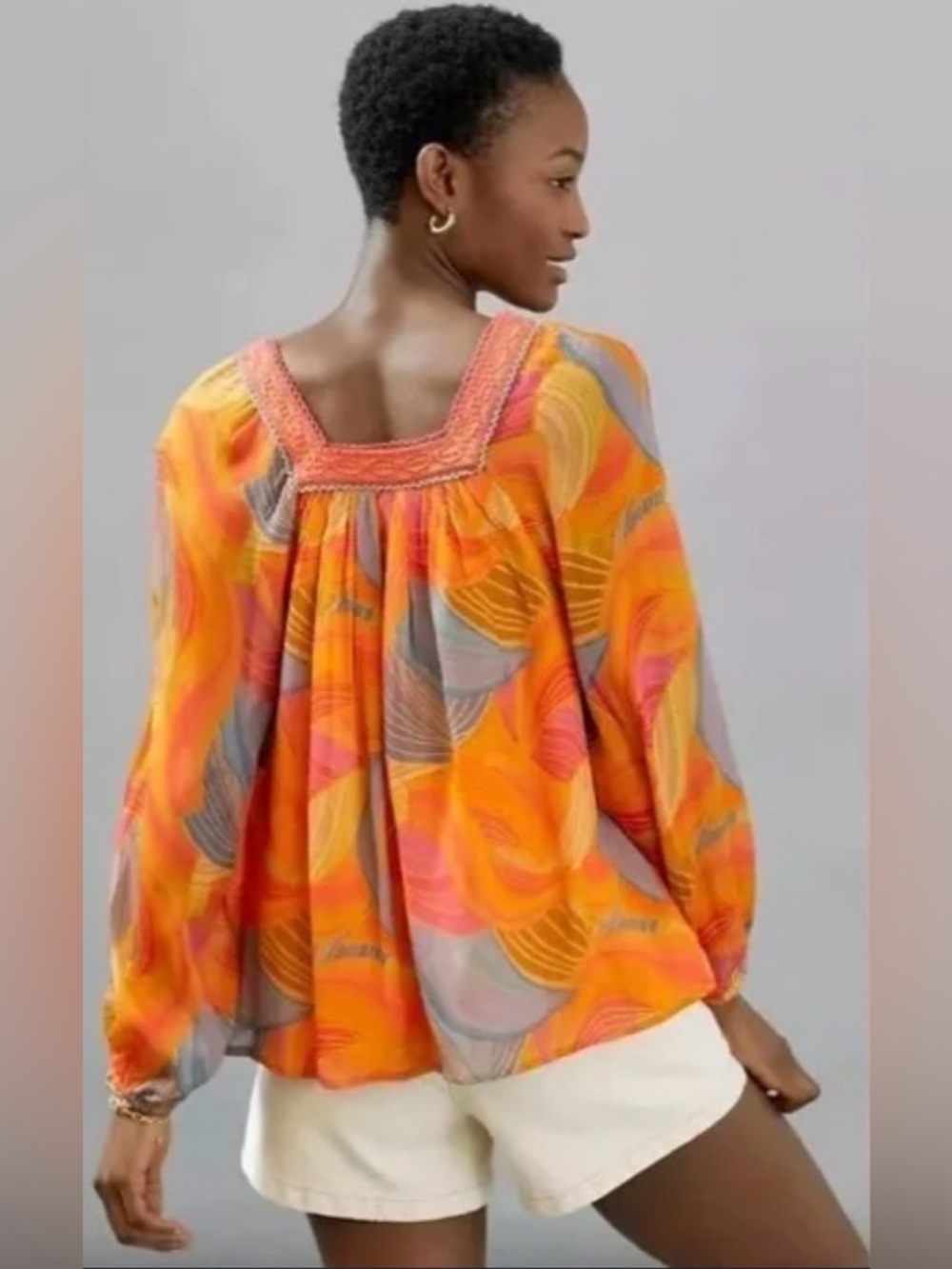 Bl^nk London Anthropologie Women's Tessa Orange Motif Size X-Small Puff Sleeve - Picture 2 of 9